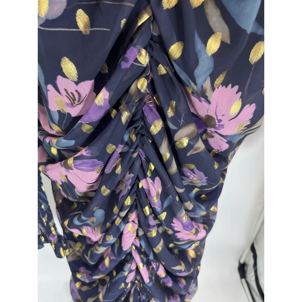 Fashion Nova Mini Dress XL Navy Ultimate Choice Metallic‎ Floral Ruched New Sexy